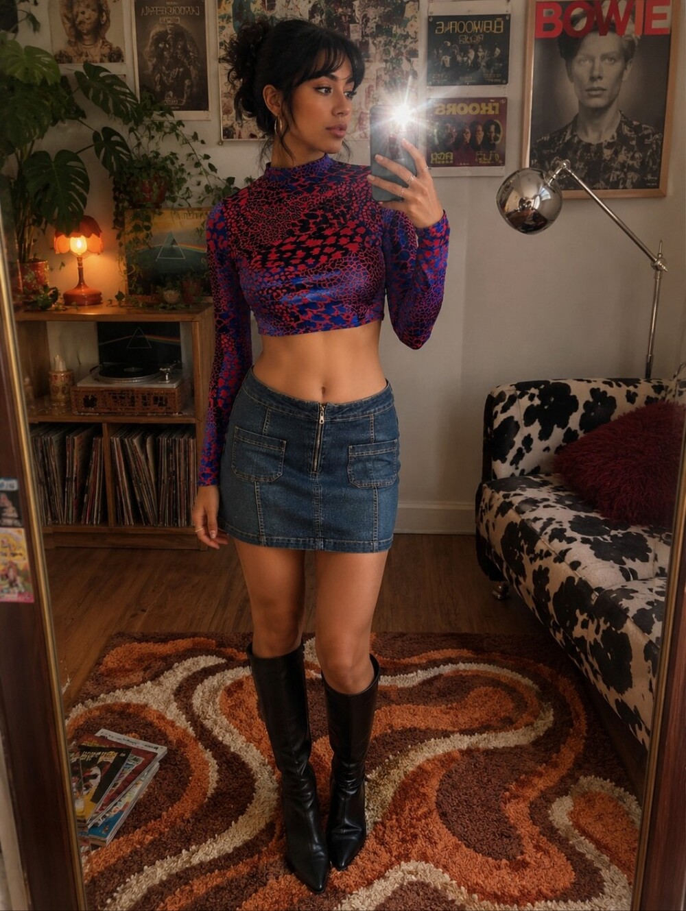 Vintage Y2K Blue Crop Top Red Velvet Flocked Stretch Sheer Size L Mock Neck